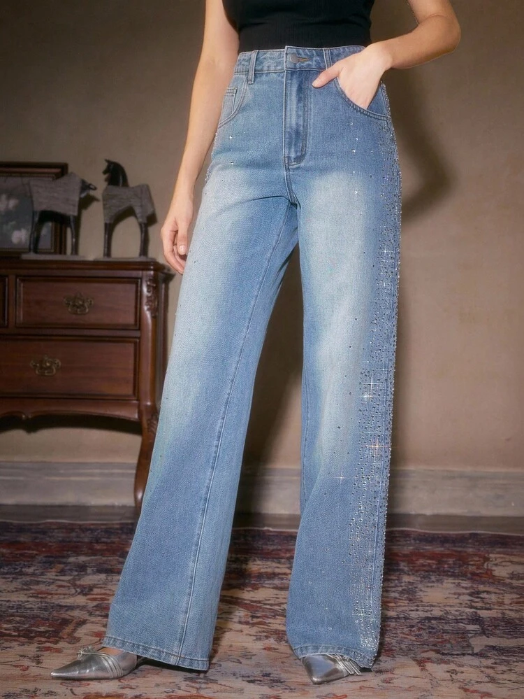 Women's Rhinestone Embellished Blue Straight Leg Pants, Suitable For Christmas, Halloween, Dates, Autumn/Winter