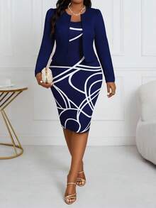 SHEIN Lady 2025 New Spring, Summer, Autumn And Winter Knitted Navy Blue Puff Sleeve Open Cardigan Short Top With Slim Waist And Geometric Pattern Classic Print Straight Dress Plus Size Two Pieces Set New Year Outfit 2 Piece Dress Set Curve Skirt Set Bodycon Midi Dress 2 Piece Sets Woman Skirt Long Sleeve Elegant Dress
