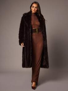Silquee Women's Elegant Dark Brown Faux Fur Collar Long Fur Coat,Winter Luxury Solid Color Long Sleeve Fluffy Loose Fashion Design For Dinner Date Parties - Brown - View 6
