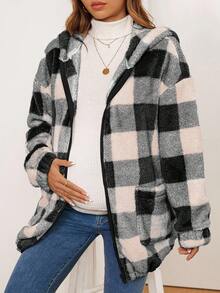 SHEIN Pregnant Women's Casual Commuting Collegiate Style Patterned Dropped Shoulder Loose Zip-Up Hooded Teddy Fleece Jacket, Autumn/Winter Flannels For Women Women Cardigan Plaid Button Up Sweater Cardigan Maternity Clothes Fall Winter - Multicolor - View 5
