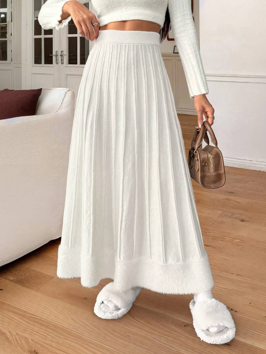 Elenzga Women's Elegant Ribbed Texture A-Line Faux Fur Ruffle Hem Skirt, Autumn/Winter - White - View 1