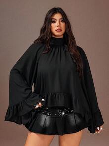 Rustia Plus Size Ruffle Trim Long Sleeve Blouse For Women, European And American Style - Black - View 5
