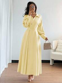 Islaluna Women's Turndown Collar Drop Shoulder Long Sleeve Waist Gathered A-Line Dress, Suitable For Outings, Vacations, Holidays, And Travels