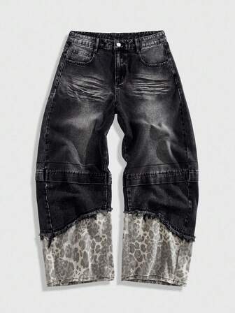 Street Life Jeans dritti da uomo con stampa leopardata, effetto patchwork e strappi