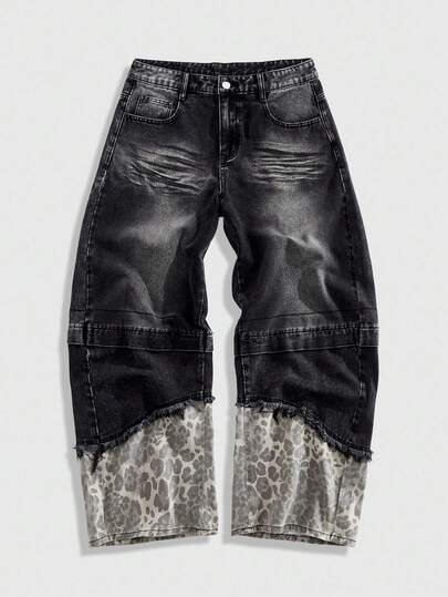 Street Life Jeans dritti da uomo con stampa leopardata, effetto patchwork e strappi