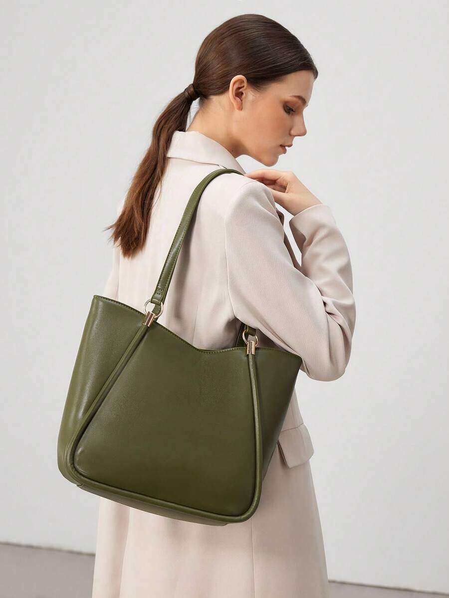 SHECARRY 女士复古休闲手提包，百搭时尚，引人注目的女士工作包 - 軍綠色 - 查看 1