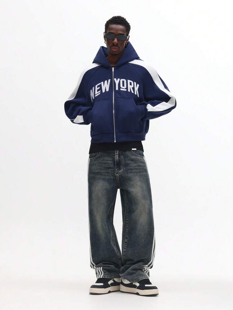 Zip Up Hoodie With New York Text Print