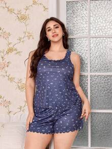 CottageSlumber 2 sztuki plus size piżama z falbanką i drobnymi kwiatowymi wykończeniami, koszulka na ramiączkach i szorty - Niebieski - Zobacz 6