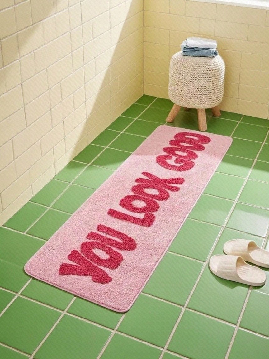 Joivida 1pc Minimalist Solid Pink Faux Cashmere Letter Print Floor Mat, Soft Non-Slip Water-Absorbing Machine Washable Kitchen Mat, Fresh Anti-Fatigue Dirt-Resistant Doormat, Rectangular Low Pile Rug For Living Room, Bedroom, Kitchen, Laundry Room, Home Decoration - Multicolor - View 1