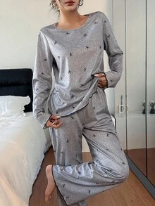 Dream Adore 2 piezas Conjunto de pijama cómodo de pantalón y top de manga larga con estampado de lazo tejido para mujer, ropa de otoño e invierno en color gris - Multicolor - Ver 5