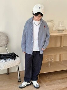 SHEIN 青少年男童韩版条纹休闲翻领长袖梭织衬衫，适合通勤、上学、休闲、旅行、运动、秋冬 - 藍色 - 查看 6