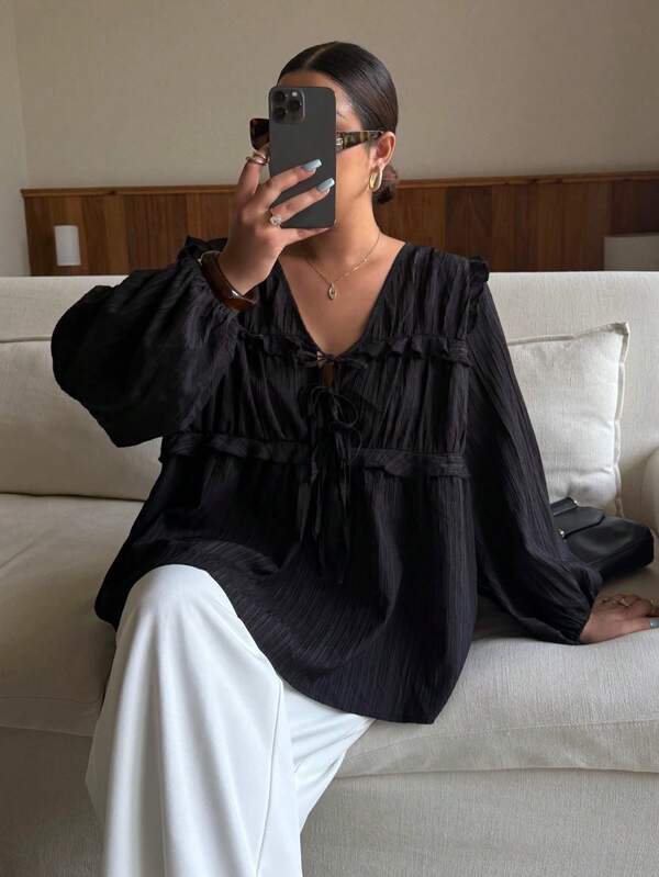 Dripcurv Plus Size Women Casual Solid Color Lantern Sleeve Top,Winter,Fall ,Autumn,Halloween,Christmas ,New Year,Thanksgiving, Party,Christmas,Halloween Ruffle Blouse Black Babydoll Top