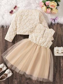SHEIN Elladie kids 2pcs/Set Young Girl Fashion Jacquard Bow Tulle Ruffle Long Sleeve Jacket & Skirt Set, Autumn/Winter