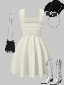 Sweetra Young Elegant & Comfortable Wide Strap Pleated A-Line Dress For Teenage Girls - Apricot - View 2