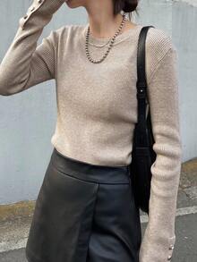 FRIFUL 女式纯色圆领长袖修身休闲套头衫，带纽扣袖口装饰，秋季 - 杏色 - 查看 5