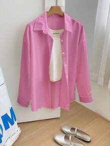 Resyla 女式纯色前扣休闲宽松长袖衬衫 - 粉色 - 查看 6