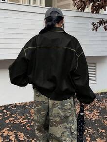 SHEIN EZwear 女式复古水洗 PU 皮革前拉链长袖休闲夹克，黑色秋冬女装 - 黑色 - 查看 2
