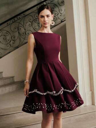 Anewsta Pearl Decor Sleeveless A-Line Peplum Dress, Suitable For Valentine's Day, Vacation, Party, Banquet, Fall, Winter, New Year, Party, Wedding, Elegant, Chic, Stylish, Evening Dress, Chic Wedding, Christmas, Elegant Dresses For Party