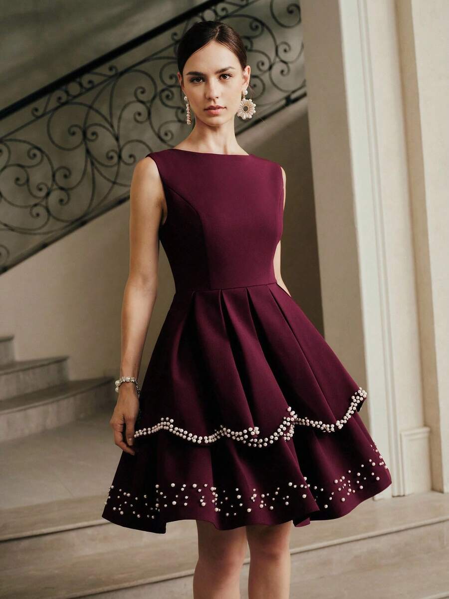 Anewsta Váy peplum dáng chữ A không tay đính ngọc trai, thích hợp cho ngày lễ tình nhân, kỳ nghỉ, tiệc tùng, tiệc chiêu đãi, mùa thu, mùa đông, năm mới, tiệc tùng, đám cưới, thanh lịch, sang trọng, sành điệu, váy dạ hội, đám cưới sang trọng, giáng sinh, váy dự tiệc thanh lịch - Màu đỏ tím - Xem 1