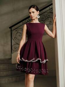 Anewsta Váy peplum dáng chữ A không tay đính ngọc trai, thích hợp cho ngày lễ tình nhân, kỳ nghỉ, tiệc tùng, tiệc chiêu đãi, mùa thu, mùa đông, năm mới, tiệc tùng, đám cưới, thanh lịch, sang trọng, sành điệu, váy dạ hội, đám cưới sang trọng, giáng sinh, váy dự tiệc thanh lịch - Màu đỏ tím - Xem 3