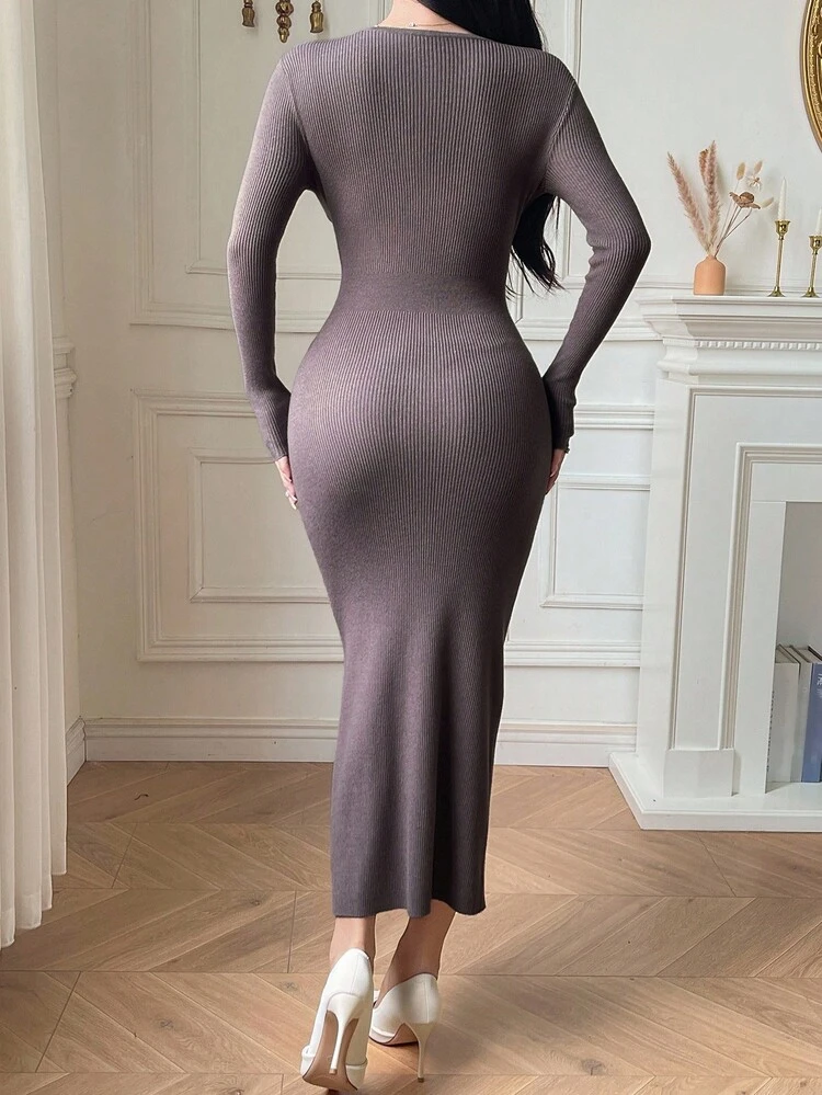 French Style Waist Cinched Mid-Length Bodycon Dress, Paired With Tight Knit Sweater Dress For Women, Autumn/Winter