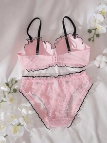 DelicateAllure 女士蕾丝内衣套装，带蝴蝶结装饰和荷叶边 - 粉色 - 查看 2