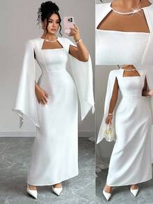Elenzga 女士优雅方领修身直筒连衣裙，珍珠链饰袖口，适合派对、婚礼、聚会、音乐节、春秋季等场合。 - 白色 - 查看 6