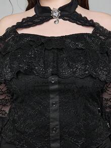 ROMWE EDITION Áo bó sát tay loe hở vai phối ren Gothic cỡ lớn dành cho nữ - màu đen - Xem 4