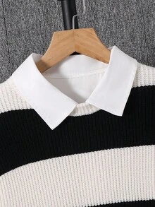 SHEIN 青少年男孩休闲运动街头绅士学院风基础款韩版百搭舒适时尚黑白条纹圆领宽松针织衫秋冬女装 - 黑與白 - 查看 4