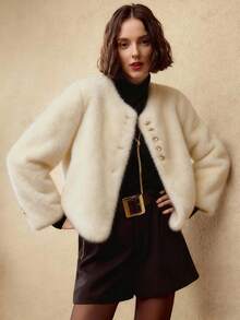 MOTF PREMIUM FASHIONABLE & VERSATILE GOLD BUTTON PLACKET FAUX FUR COAT