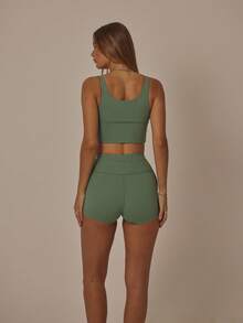 Aralina Conjunto deportivo de top de tirantes y shorts de unicolor para mujer - Verde Oscuro - Ver 2