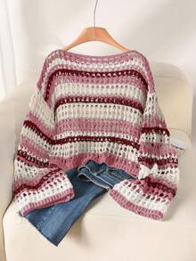 CosyJoli Plus Size Casual Blue & White Striped Hollow Out Boat Neck Loose Cropped Long Sleeve Sweater In Fall/Winter,Slightly Sheer