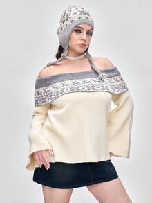 ROMWE Kawaii Sweater Natal Ukuran Besar dengan Motif Fair Isle Model Bahu Terbuka - Krem - View 1