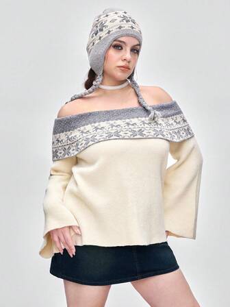 Kawaii Maglione oversize con spalle scoperte e motivo Fair Isle