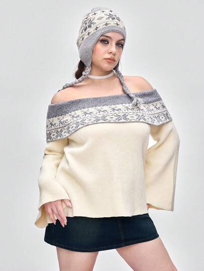 Kawaii Suéter de talla grande con hombros descubiertos y estampado Fair Isle