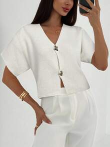 Aloruh Áo khoác cardigan dáng ôm cổ chữ V sâu tay ngắn, cài hai nút thời trang tối giản mới dành cho người đi làm, thường ngày và đa năng trong mùa thu/đông - trắng - Xem 5