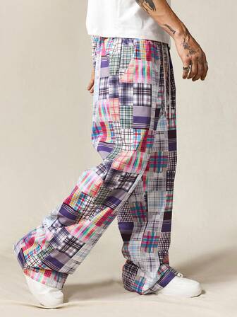 Street Life Men's Plaid Patchwork Casual Pants, Minimalist Daily Wear, Fall