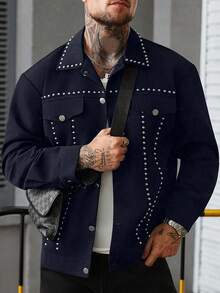 Manfinity LEGND Men's Street Stud Metal Jacket, Out Bomber Gothic Black Long Sleeve Jacket, Gifts For Friends, Husbands, Boyfriends Studded Jacket Men Denim Jacket Men Studded Men Studded Jacket Black Studded Jacket Men Men Dark Jacket - Navy Blue - View 5