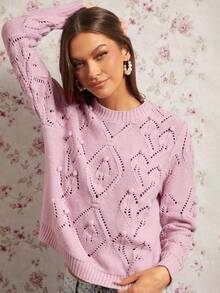 Enchnt Fall/Winter Romantic Women's Elegant Pink Round Neck Long Sleeve Hollow Design Casual Sweater, Autumn,Sweet&Elegant&Fashionable For Date&Afternoon Tea&Office&Going Out,Fall Sweater For Women,Autumn Clothes - Pink - View 3