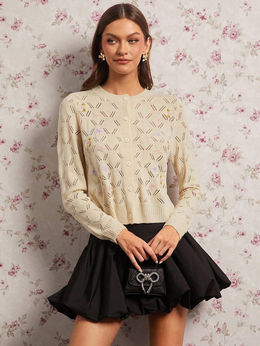 Enchnt Áo len cardigan dệt kim tay dài khoét ngực thêu hoa dành cho nữ - Màu be - Xem 1