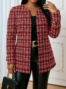 SHEIN Lady 2025新款加大码女式优雅格纹印花开襟酒红色粗花呢外套，红色圣诞外套，冬季新年时尚单品 - 酒紅色 - 查看 1