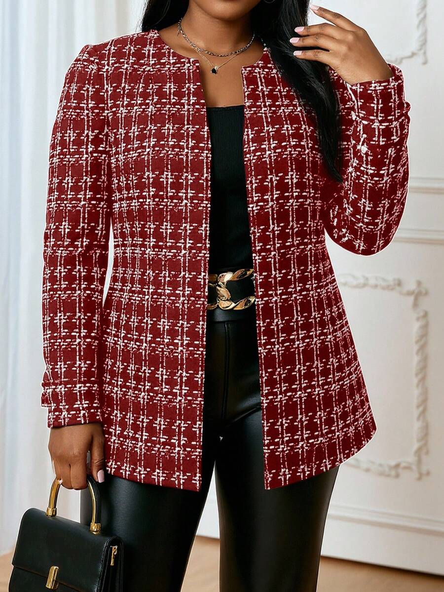 SHEIN Lady 2025新款加大码女式优雅格纹印花开襟酒红色粗花呢外套，红色圣诞外套，冬季新年时尚单品 - 酒紅色 - 查看 1