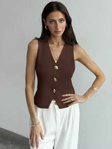 Aloruh Women's Casual Solid Color Front Button Tank Top, Summer In Fall/Winter,Brown Sweater,Brown Top  Knitted Vest, Suitable For Commuting And Office Wear, Simple And Casual, With Unique Metal Buckle. - Coffee Brown - View 5