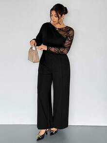 Firerie Plus Size Elegant Casual Commuter Professional Office Work Daily Vacation Sexy Party Business Lace Patchwork Long Sleeve Slim Straight Stretch Jumpsuit For Women Clothes For Women Spring - Black - View 5
