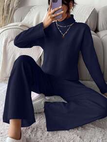 EURMUSE 2 pezzi Set top e pantaloni da donna con collo alto e maniche lunghe, tinta unita, casual, autunno/inverno - Blu Navy - Visualizzare 5