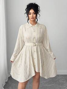 Elenzga Plus Size Women's Elegant Gold Striped Apricot Color Dress - Beige - View 4