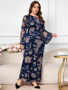 Modelyn 大码女式优雅花卉印花不对称领口荷叶边喇叭袖合身弹力连衣裙 - 藍色 - 查看 5