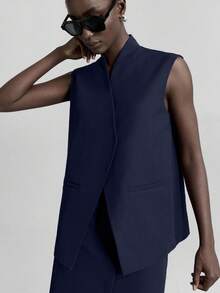 Ontre Bộ vest nữ phong cách đô thị mới mùa Xuân/Hè 2026, chất liệu vải chống nhăn, bao gồm áo blazer, áo vest và chân váy, trang phục công sở dáng rộng, trang phục thường ngày thoải mái dành cho nữ. - Màu xanh hải quân - Xem 5