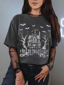 EMERY ROSE 女式圆领短袖T恤，带有鬼屋和蝙蝠印花，万圣节T恤，适合春夏季