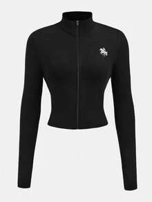 SHEIN 少女休闲弹力拉链修身长袖外套，秋冬季必备基础款外套，适合节日、万圣节、圣诞节、新年等场合，是理想的圣诞礼物之选。这款外套舒适百搭，是秋冬季日常穿着、街头风、居家服的理想之选。 - 黑色 - 查看 6
